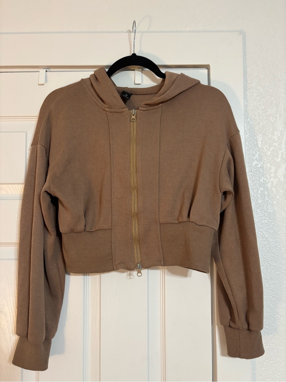 Cropped Hooded Bomber Jacket in Taupe